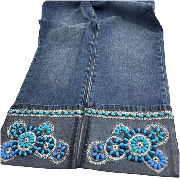 Diane Gilman DG2 Sz 10 Blue Heavy Beads Beaded Floral Design Jeans Stretch Cuff - Picture 3 of 6